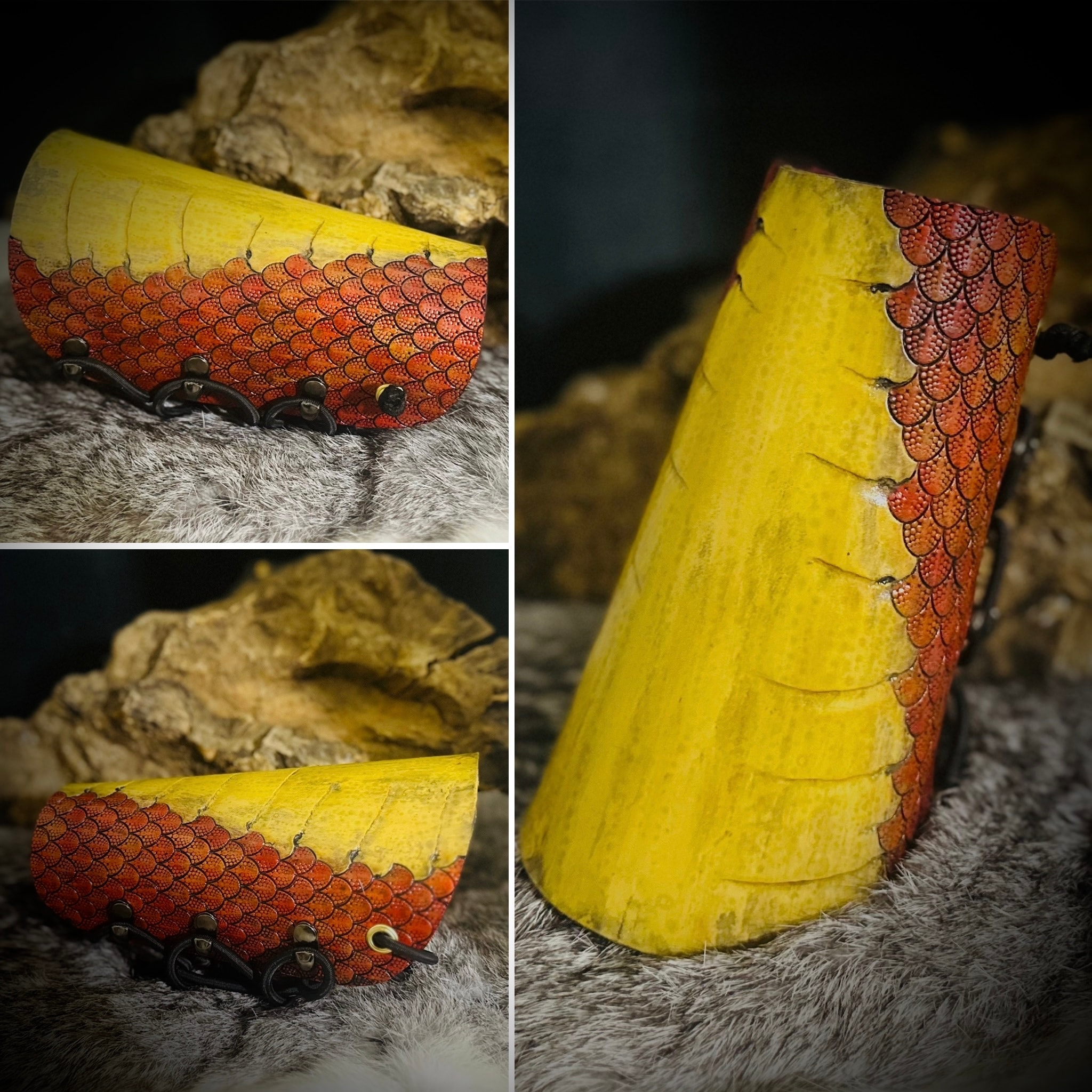 Dragon Scale Bracer in orange – yellow and red hand-tooled scale pattern leather archery bracer