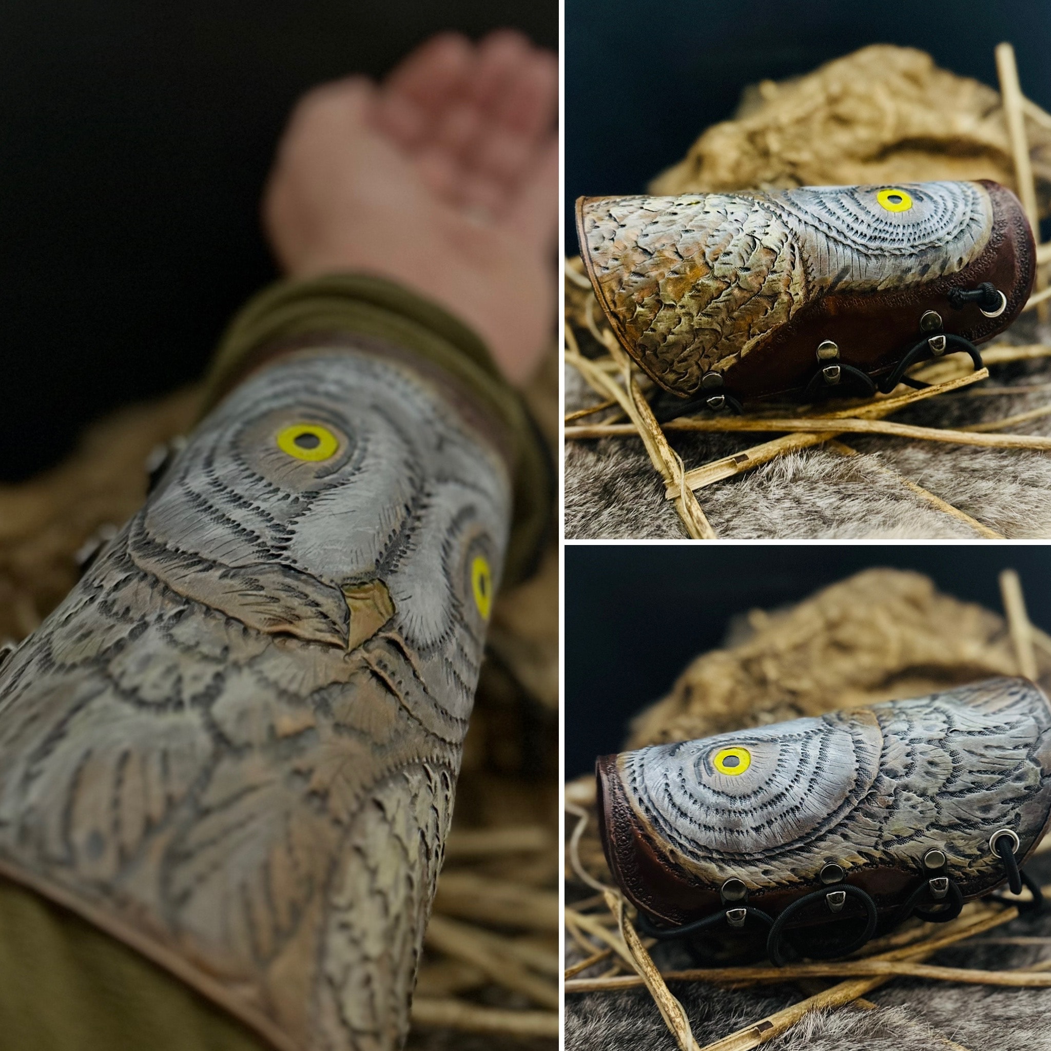 Owl Bracer – hand-carved and painted owl feather leather archery bracer with yellow eyes