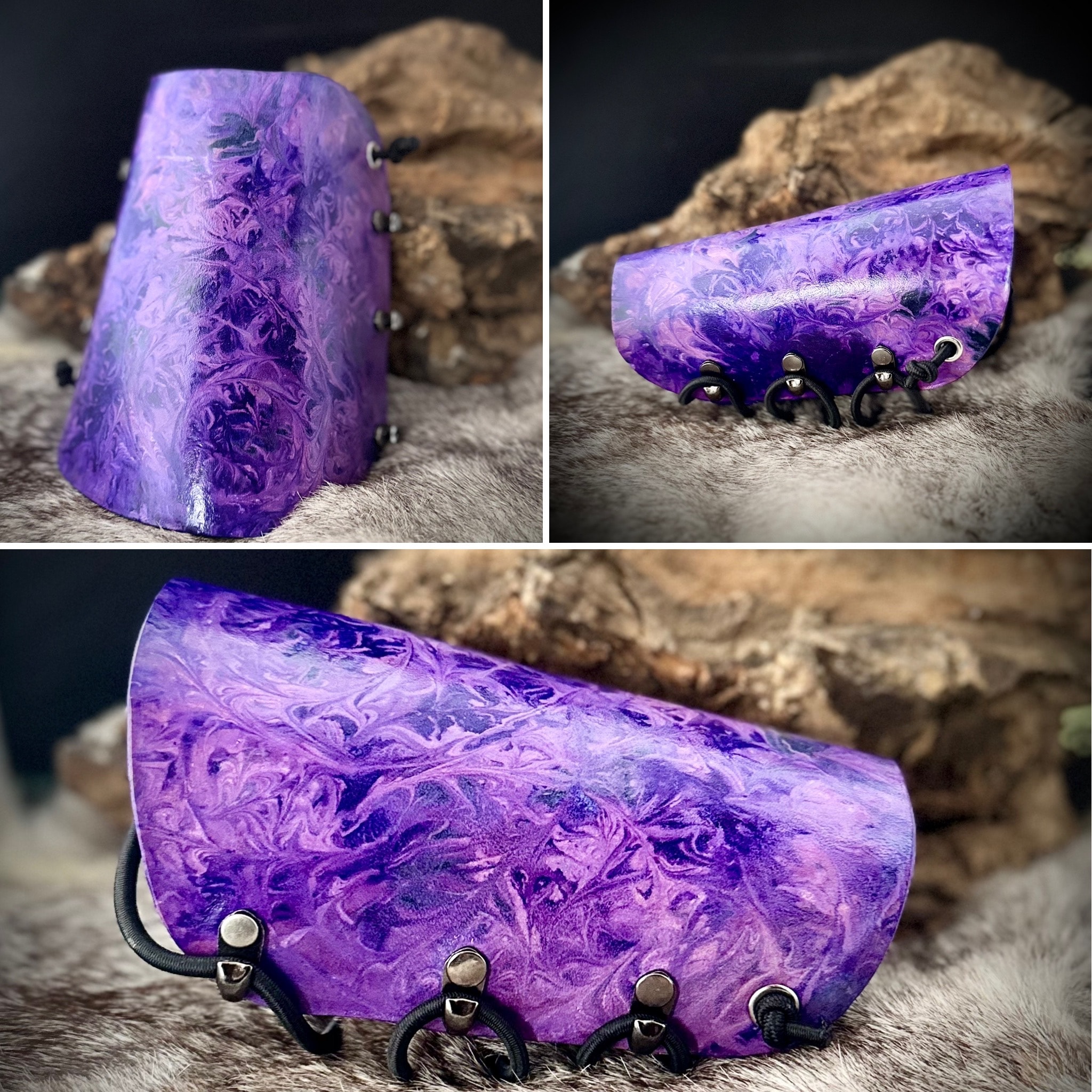 Purple Storm Bracer – swirling purple and violet hand-painted leather archery bracer
