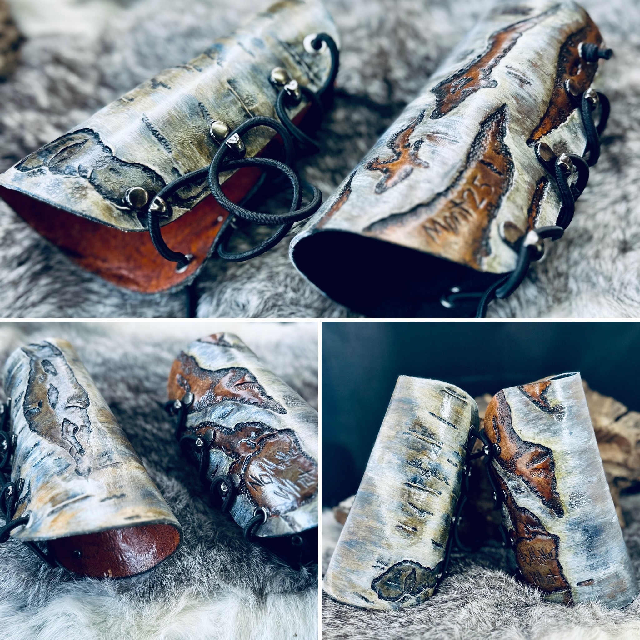 Silver Birch Bracer – hand-tooled leather bracer with silver birch bark texture and runic detail