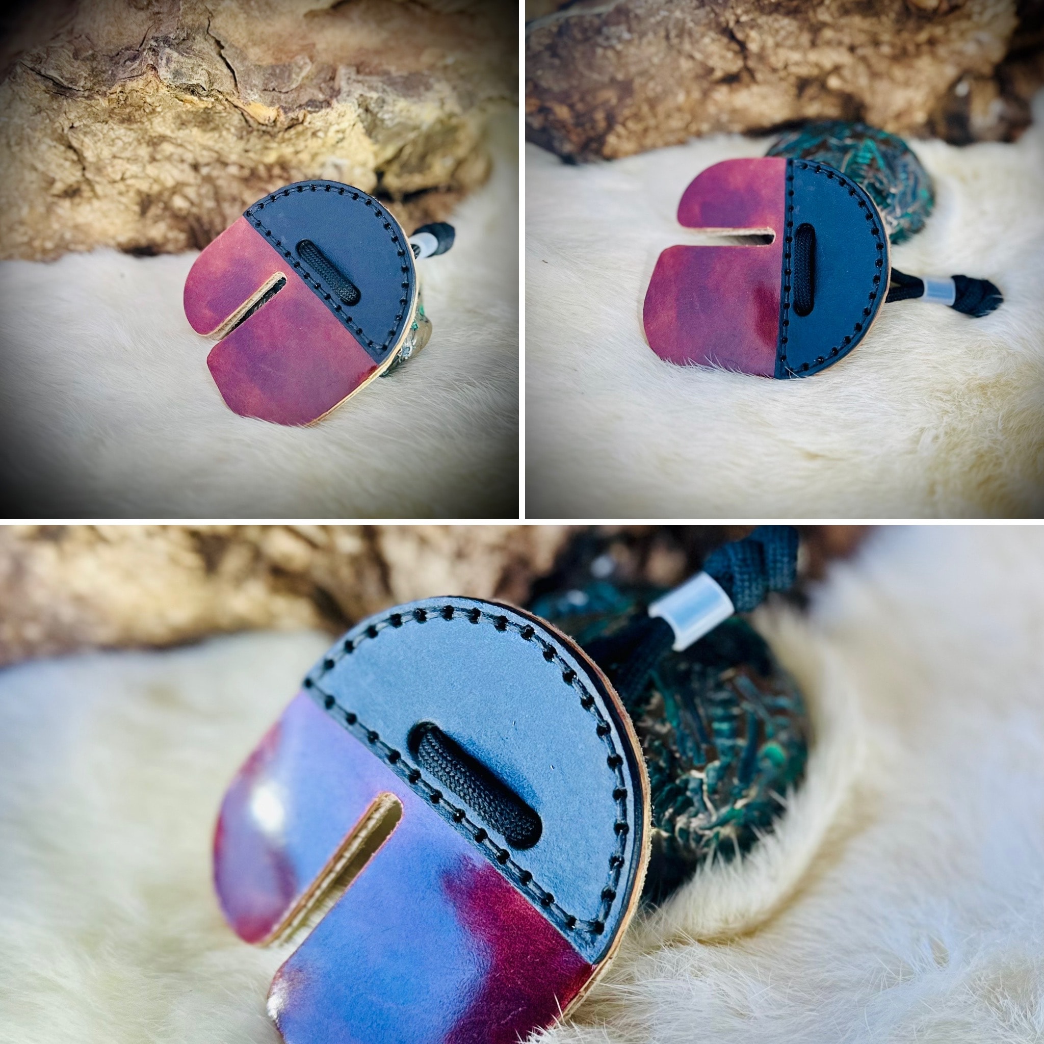 Purple and teal split finger cordovan archery tab with dragon scale back, three views