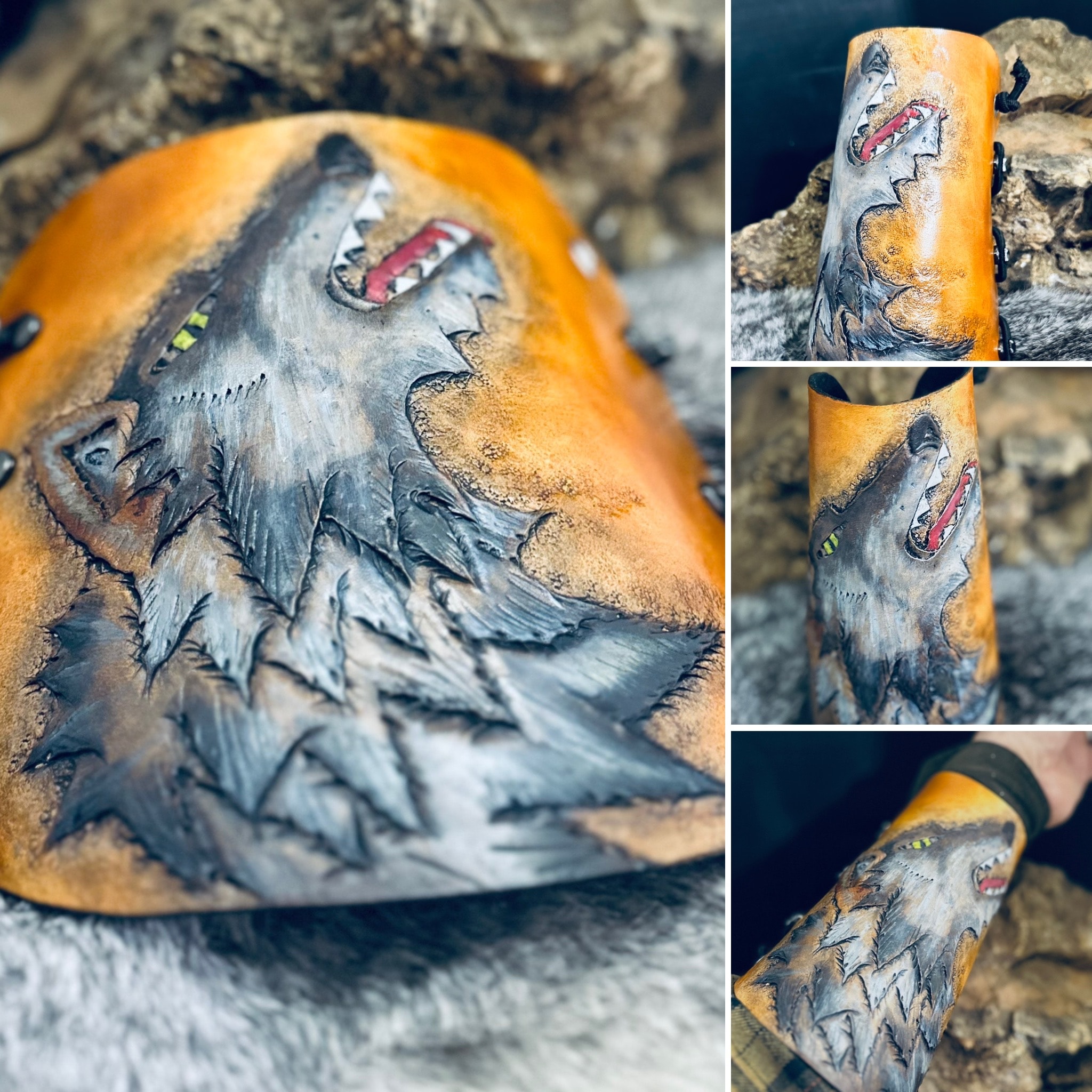 Wolf Bracer – hand-carved howling wolf leather archery bracer